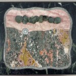 Awoken Discovery – 13.25“ x 14.5“ x 2”, 2023 <br> Marble, granite, orbicular jasper; prehnite, epidote, chalcedony concretion